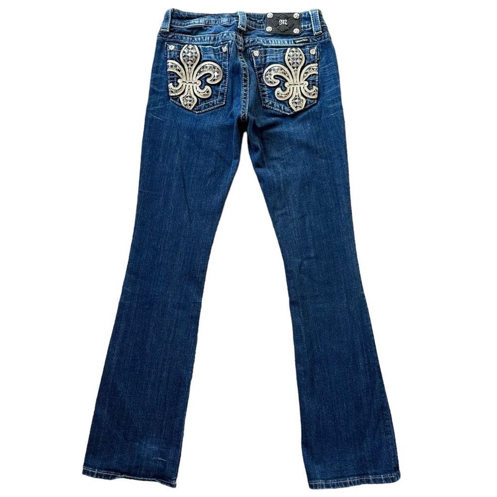 Miss Me Fleur De Lis Embellished Metallic Gold Rhinestone Bootcut Blue Jeans